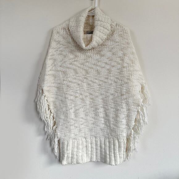 Chico's Sweaters - Chico's Cowl Neck Knit Poncho Sweater Fringe Wool Blend White Size SMALL
